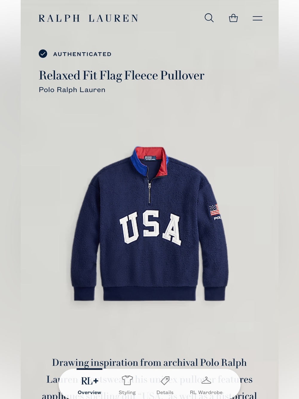 Polo Ralph Lauren Relaxed Fit Flag Fleece Pullover 1/4 Zip USA Blue Large Unisex - Picture 3 of 16